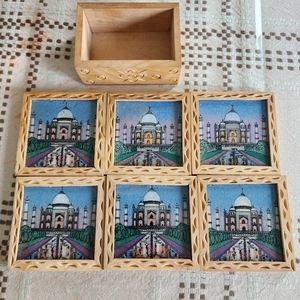 Ethnic Indian Taj Mahal wood holder coasters 6 piece